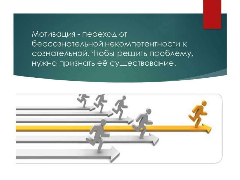 Мотивация - переход от бессознательной некомпетентности к сознательной. Чтобы решить проблему, нужно признать её